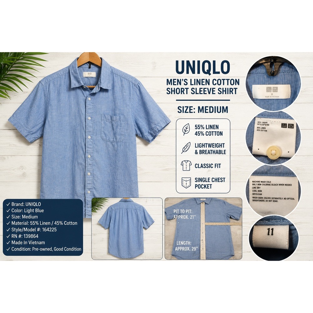 Uniqlo Mens Linen Cotton Short Sleeve Shirt Light Blue 164225 Medium